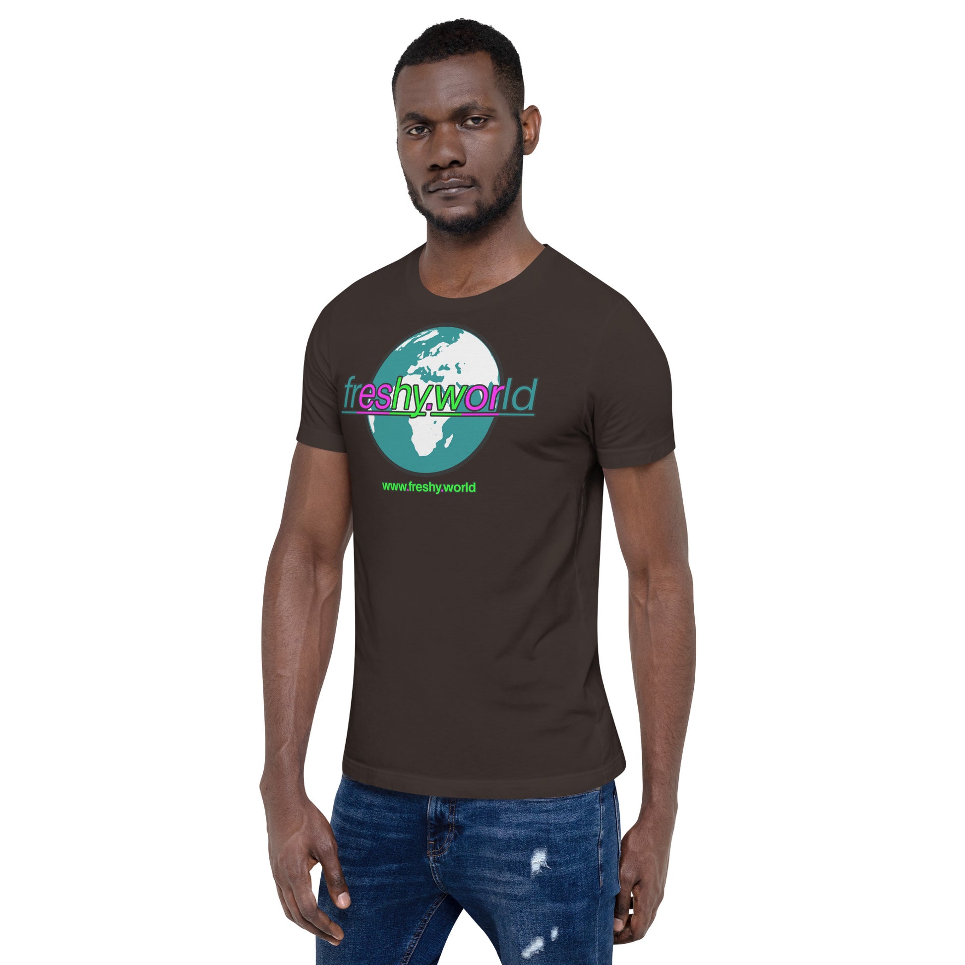 left front view of a man wearing the Earthy Brown freshy.world Unisex Logo Cotton Shirt