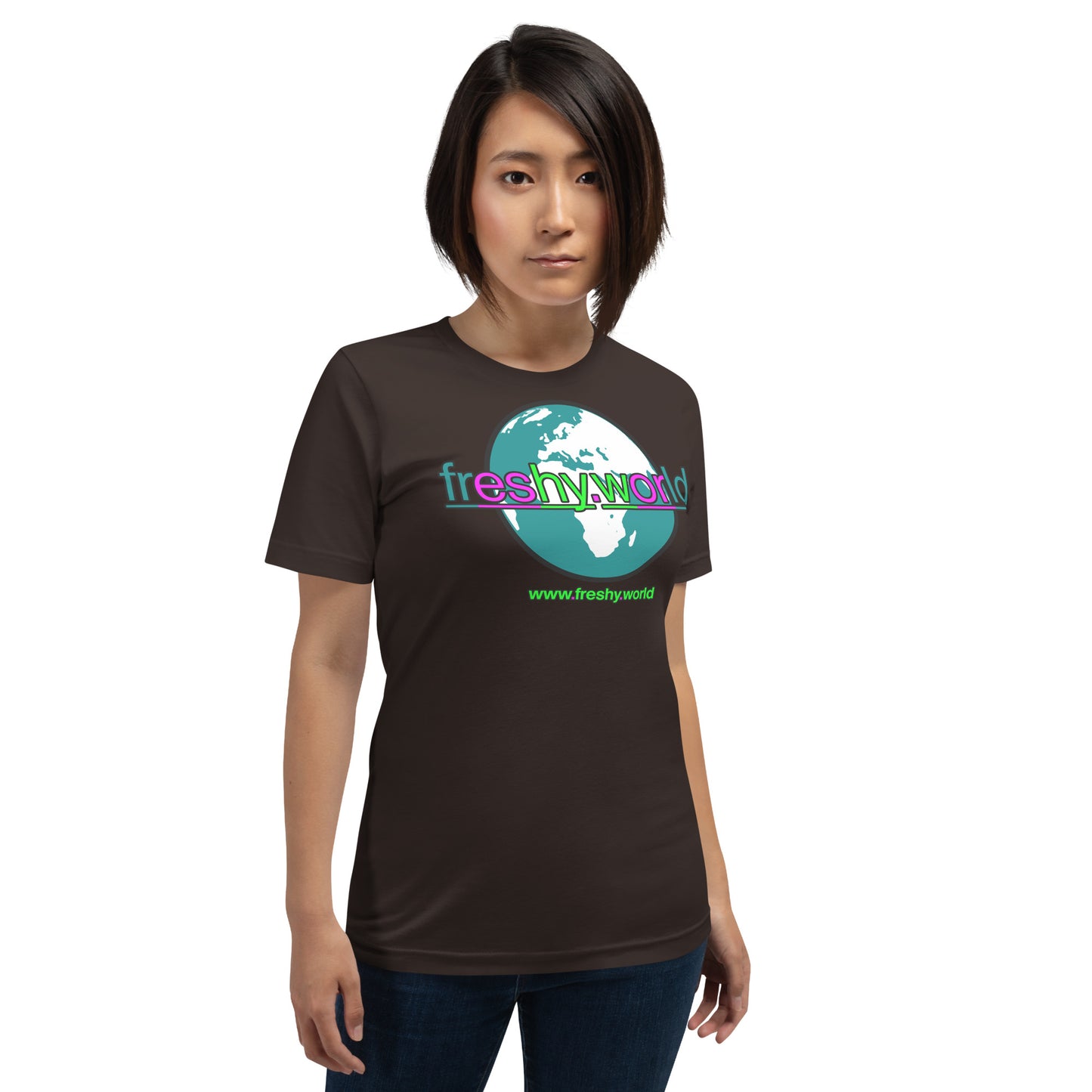 right front view of a woman wearing the Earthy Brown freshy.world Unisex Logo Cotton Shirt