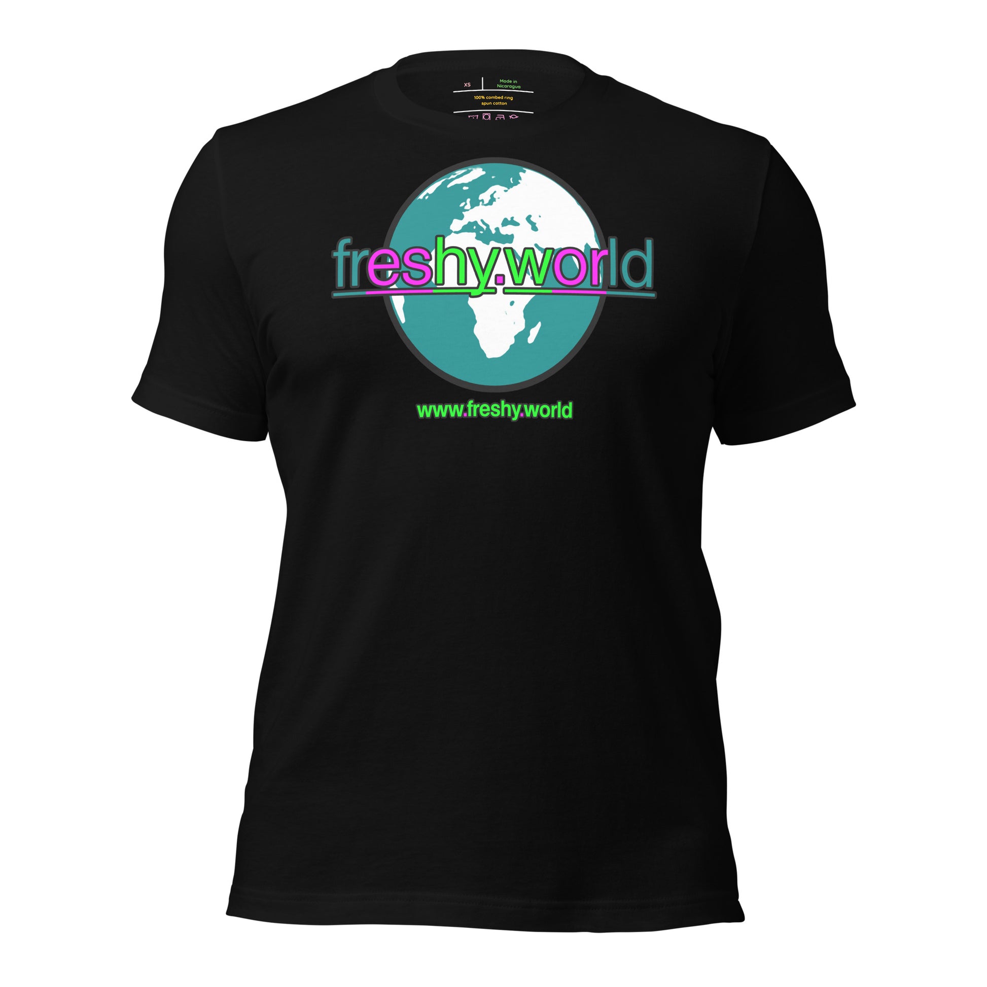 front view of the freshy.world Unisex Logo Cotton Shirt in Mysterious Black