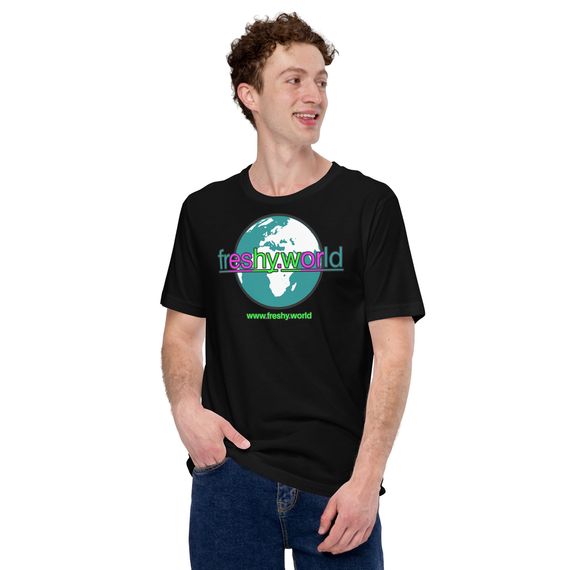 front view of a man wearing the freshy.world Unisex Logo Cotton Shirt in Mysterious Black