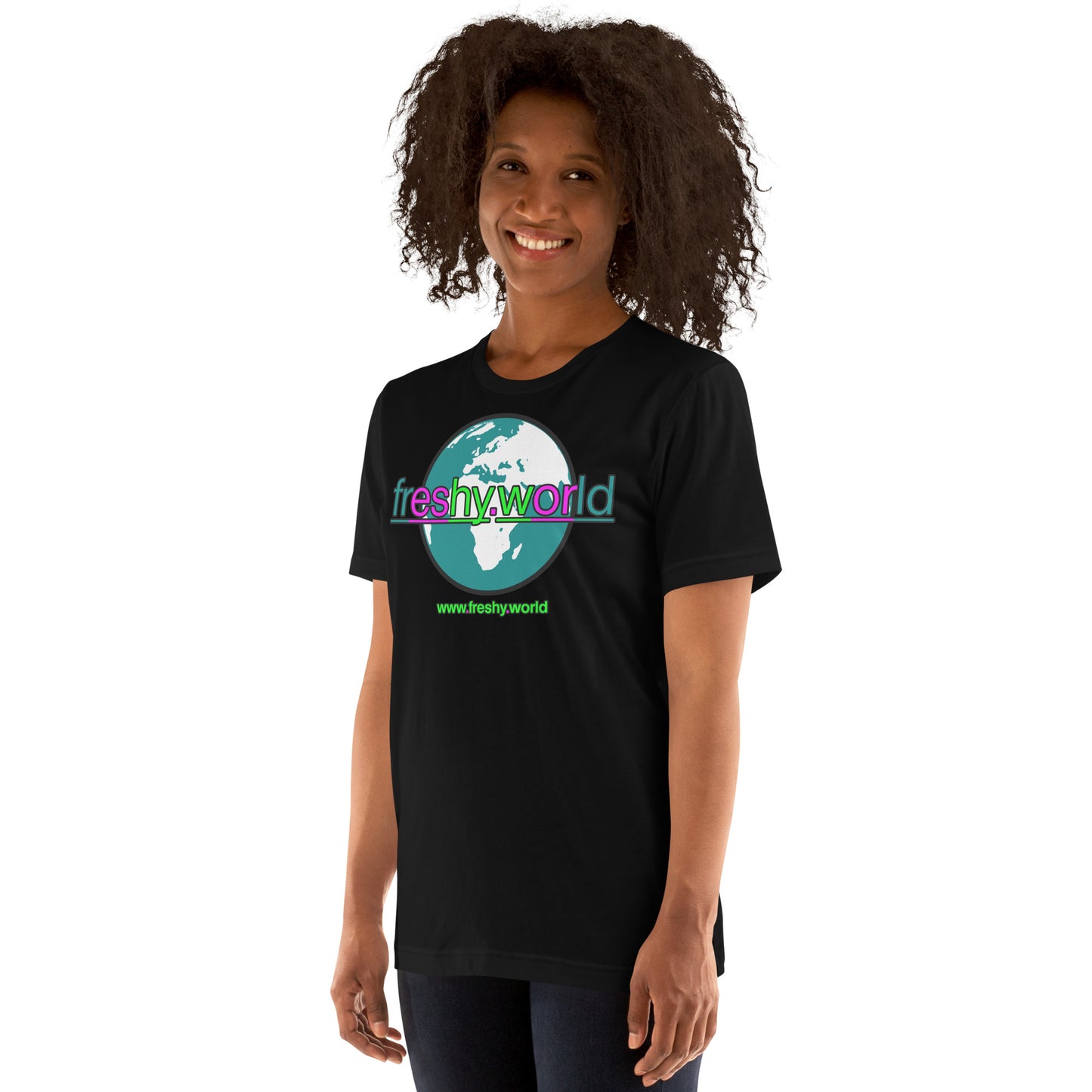 left front view of a woman wearing the freshy.world Unisex Logo Cotton Shirt in Mysterious Black