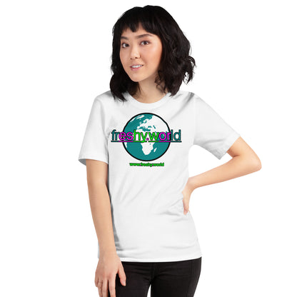 front view of a woman wearing the freshy.world Unisex Logo Cotton Shirt - White Luminosity