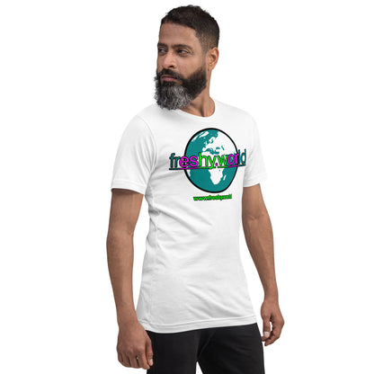 right front view of a man wearing the freshy.world Unisex Logo Cotton Shirt - White Luminosity